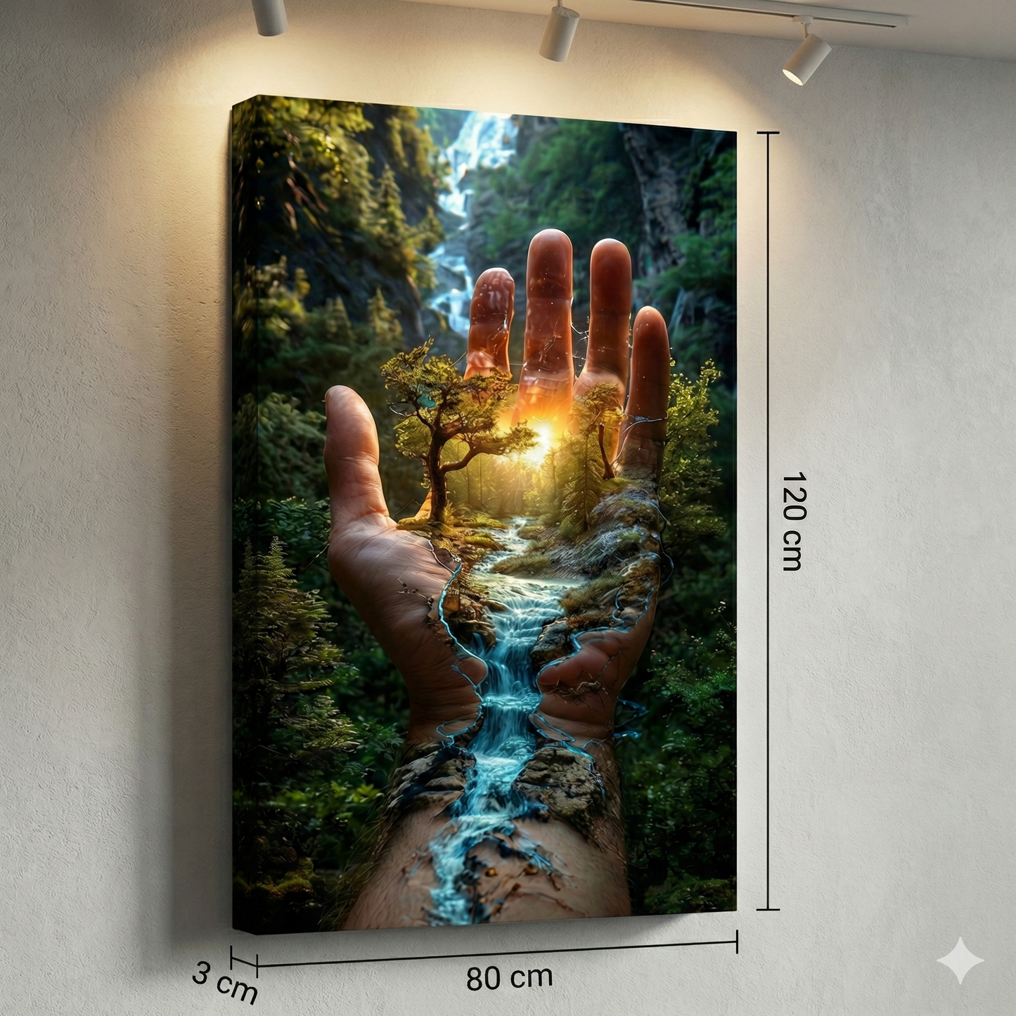 Tablou Canvas Suprarealist "Mâna Naturii" – Peisaj Magic cu Pădure și Cascadă în Palmă