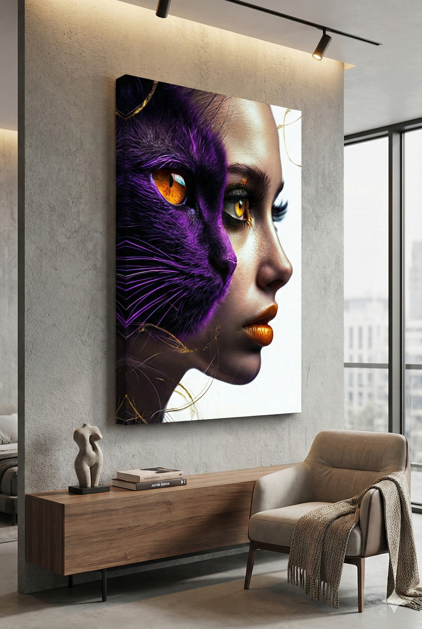 Tablou Canvas Modern - Dualitate Feminină și Felină, Mov Imperial