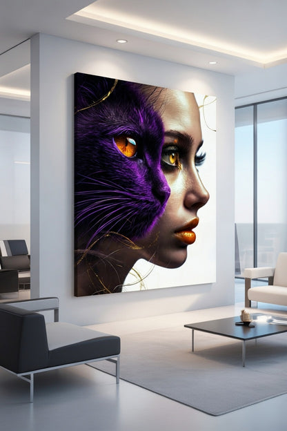 Tablou Canvas Modern - Dualitate Feminină și Felină, Mov Imperial