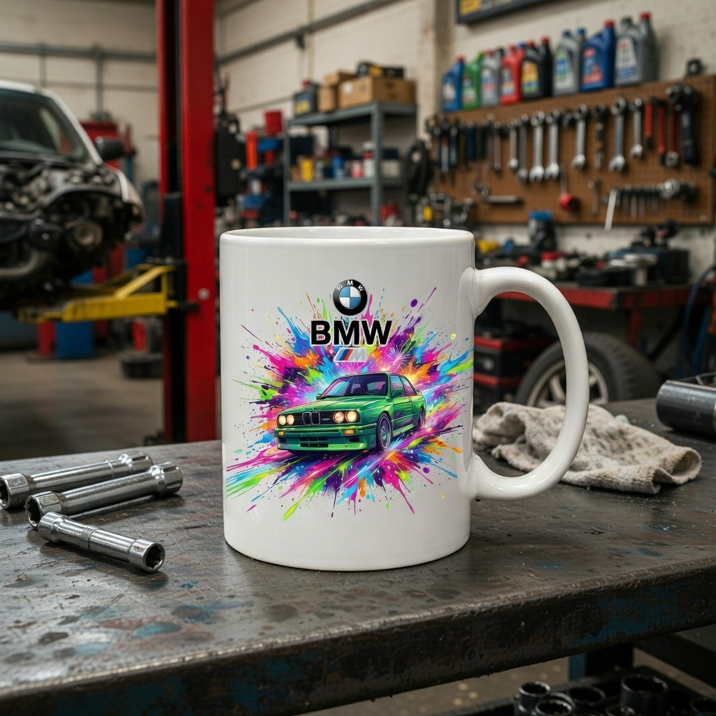 Cana Ceramica Personalizata BMW E30 M3 Green Edition, Design Artistic Paint Splatter, Cadou Pasionati Auto, 330 ml, Alba