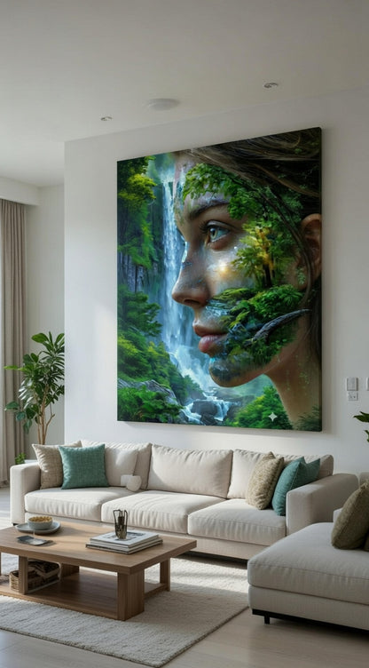 Tablou Canvas „Spiritul Pădurii” – Portret Suprarealist cu Cascadă,