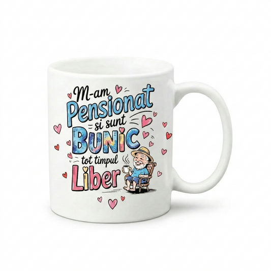 Cană Cadou Pensionare Bunic Liber - Text Românesc Amuzant - Ceramică Albă