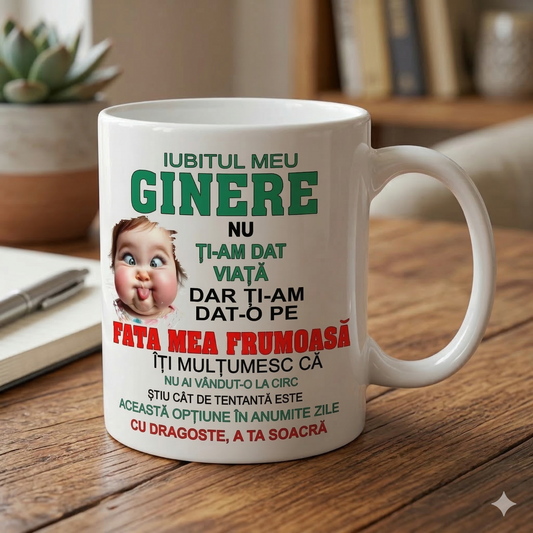 Cană Ceramică Albă Cadou Amuzant Ginere - Mesaj Soacră