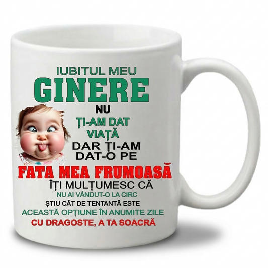 Cană Ceramică Albă Cadou Amuzant Ginere - Mesaj Soacră