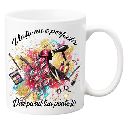 Cană Coafură cu Mesaj Inspirațional 'Părul Tău poate fi!', Ceramică Premium 330ml, Cadou Stylist, Grafică Salon