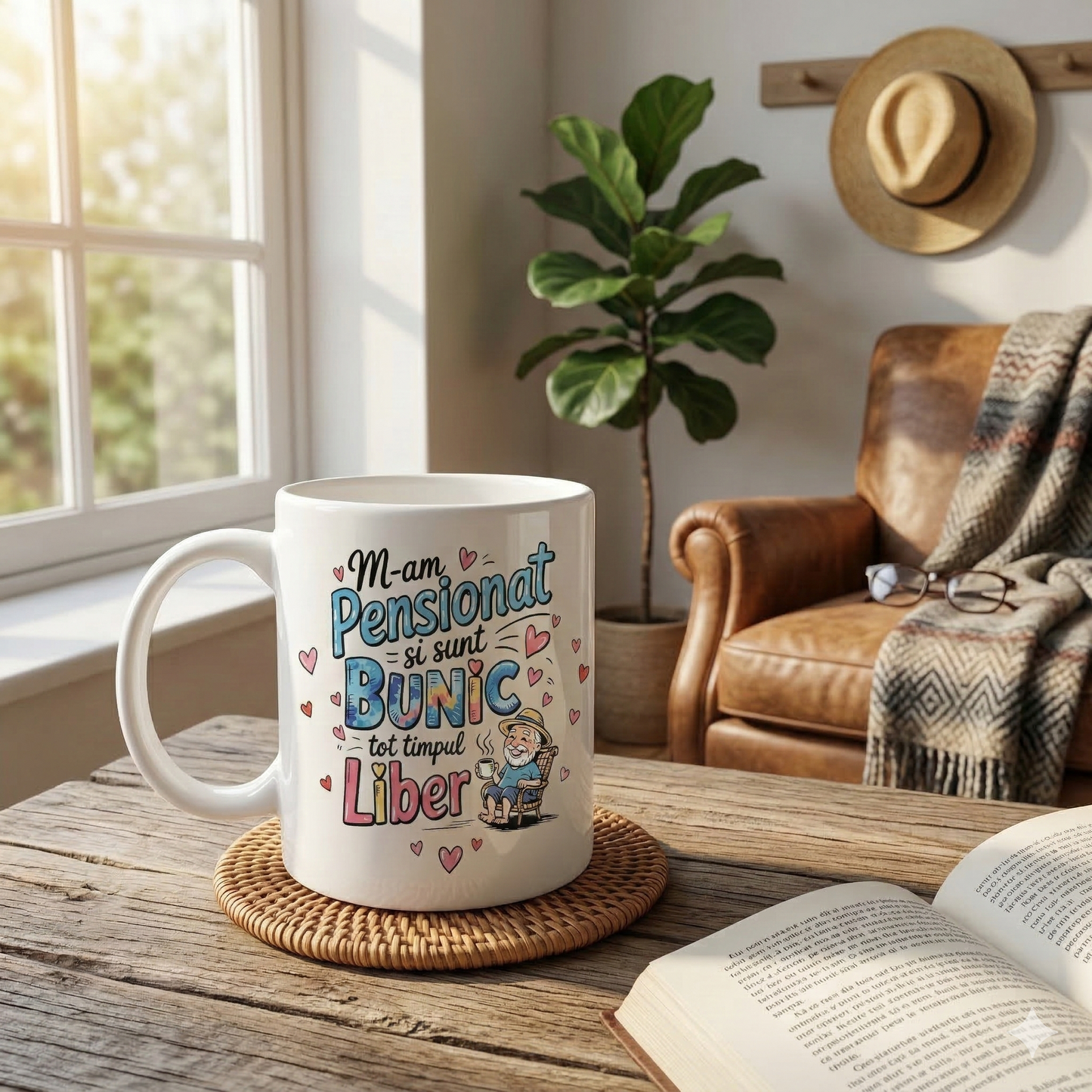 Cană Cadou Pensionare Bunic Liber - Text Românesc Amuzant - Ceramică Albă