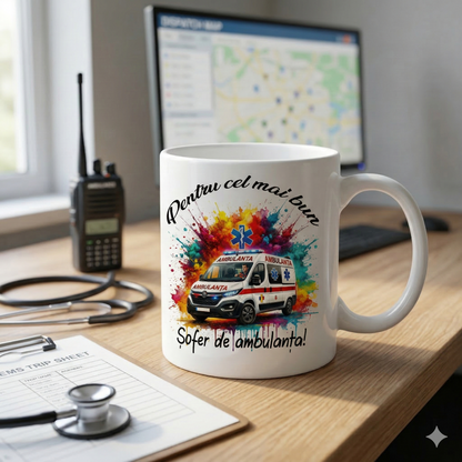 Cană Personalizată Ceramică , Cadou Special Șofer Ambulanță, Mesaj "Pentru cel mai bun Șofer de ambulanță!"