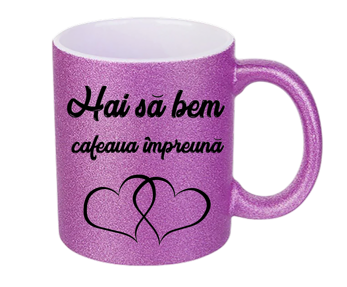 Set 2 Căni pentru Cuplu cu Sclipici (Glitter), Mesaj Romantic „Hai să bem cafeaua împreună / Pentru tot restul vieții noastre”, Mov și Auriu
