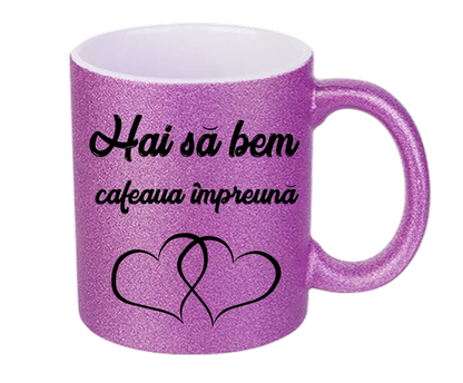 Set 2 Căni pentru Cuplu cu Sclipici (Glitter), Mesaj Romantic „Hai să bem cafeaua împreună / Pentru tot restul vieții noastre”, Mov și Auriu