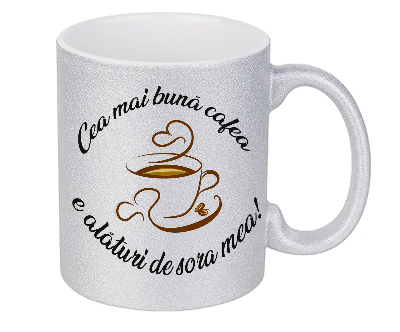 Cană cu Argintie Sclipici Personalizată - Cadou "Cea Mai Bună Cafea e Alături de Sora Mea" - Mov, Auriu, Argintiu - Tete Print