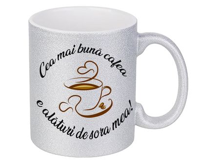 Cană Aurie cu Sclipici Personalizată - Cadou "Cea Mai Bună Cafea e Alături de Sora Mea" - Mov, Auriu, Argintiu - Tete Print