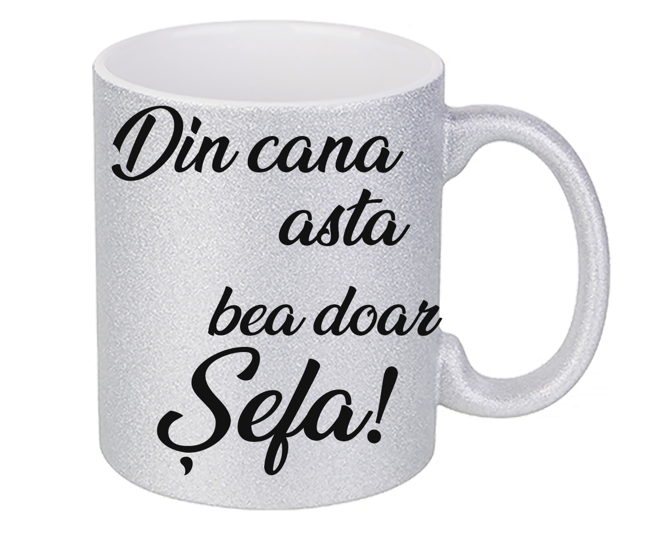 Cană cu Sclipici Argintie "Din cana asta bea doar Șefa!" – Disponibilă în 3 Culori (Auriu, Argintiu, Mov)