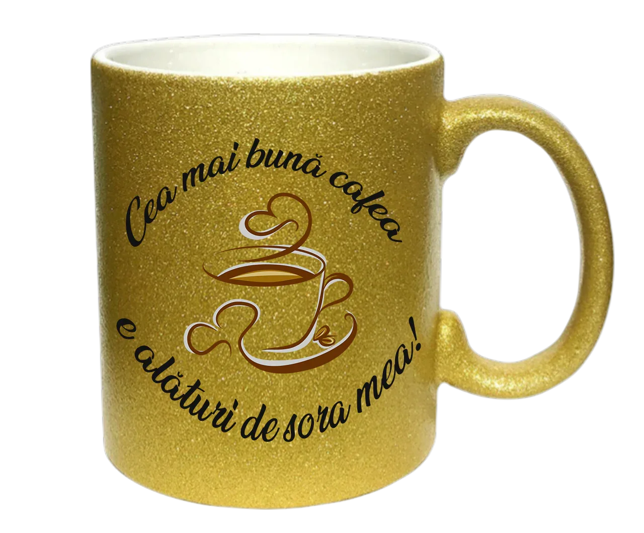 Cană Aurie cu Sclipici Personalizată - Cadou "Cea Mai Bună Cafea e Alături de Sora Mea" - Mov, Auriu, Argintiu - Tete Print