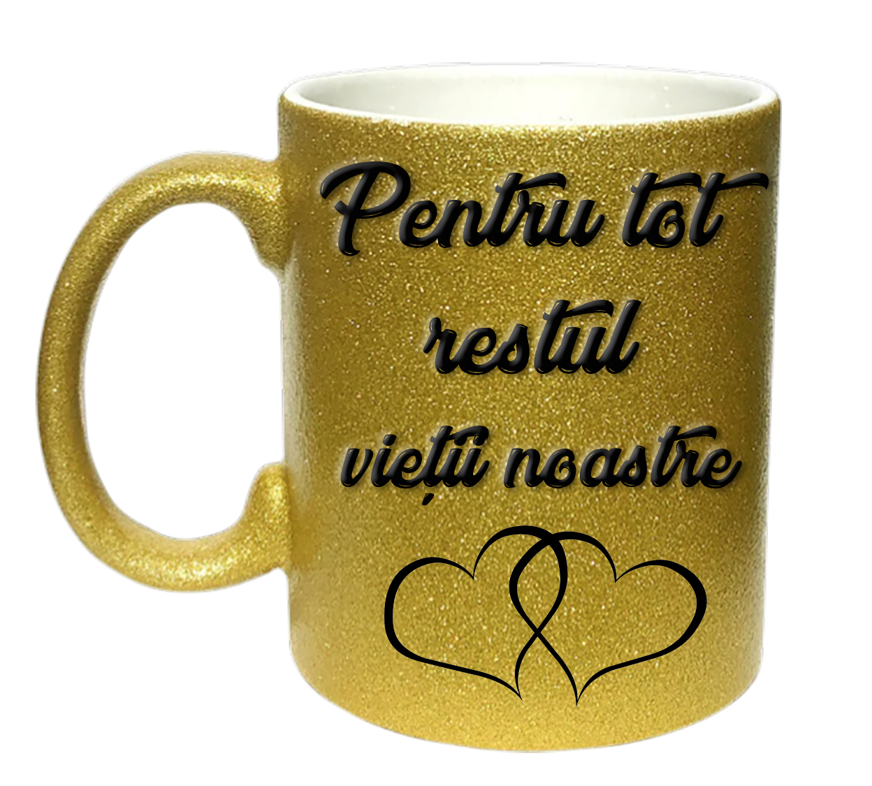 Set 2 Căni pentru Cuplu cu Sclipici (Glitter), Mesaj Romantic „Hai să bem cafeaua împreună / Pentru tot restul vieții noastre”, Mov și Auriu