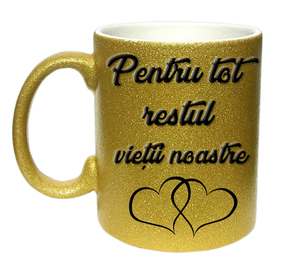 Set 2 Căni pentru Cuplu cu Sclipici (Glitter), Mesaj Romantic „Hai să bem cafeaua împreună / Pentru tot restul vieții noastre”, Mov și Auriu