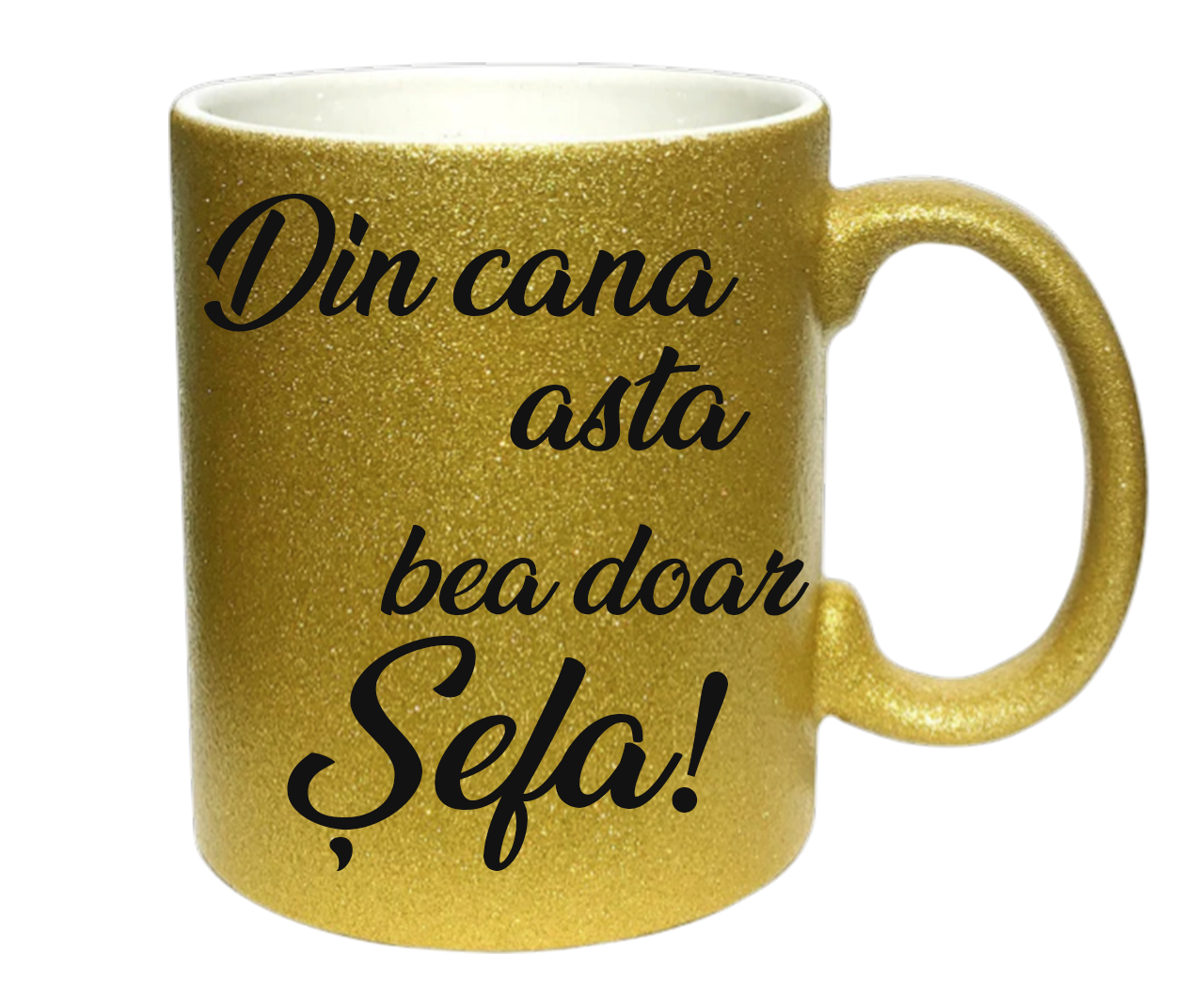 Cană cu Sclipici Aurie "Din cana asta bea doar Șefa!" – Disponibilă în 3 Culori (Auriu, Argintiu, Mov)