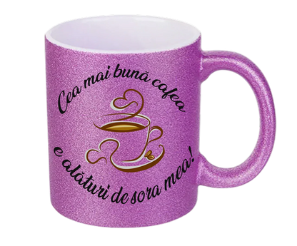 Cană cu Argintie Sclipici Personalizată - Cadou "Cea Mai Bună Cafea e Alături de Sora Mea" - Mov, Auriu, Argintiu - Tete Print