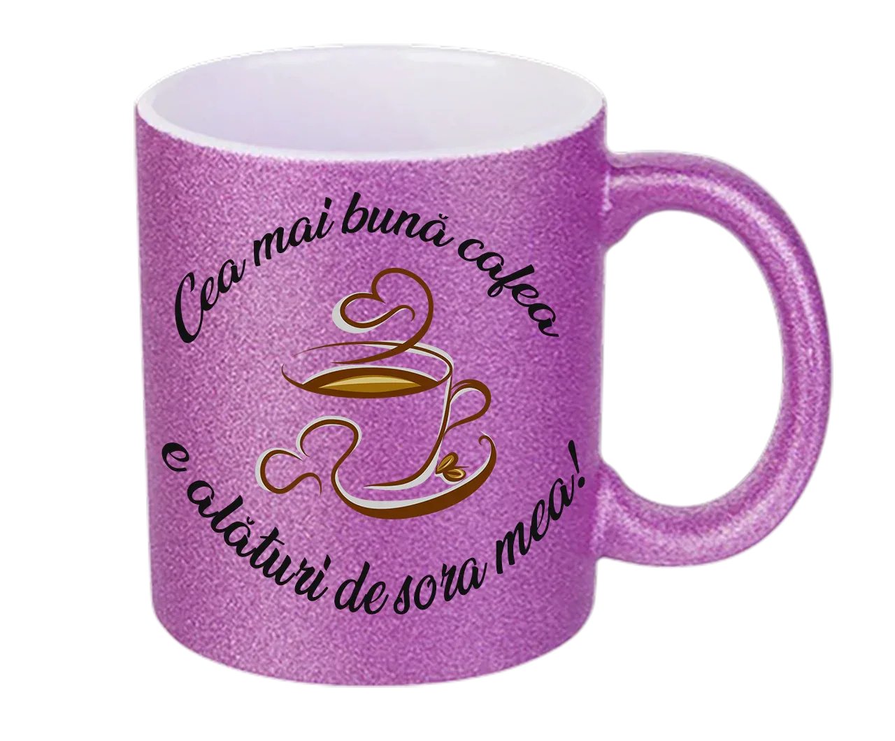 Cană Mov cu Sclipici Personalizate - Cadou "Cea Mai Bună Cafea e Alături de Sora Mea" - Roz, Auriu, Argintiu - Tete Print