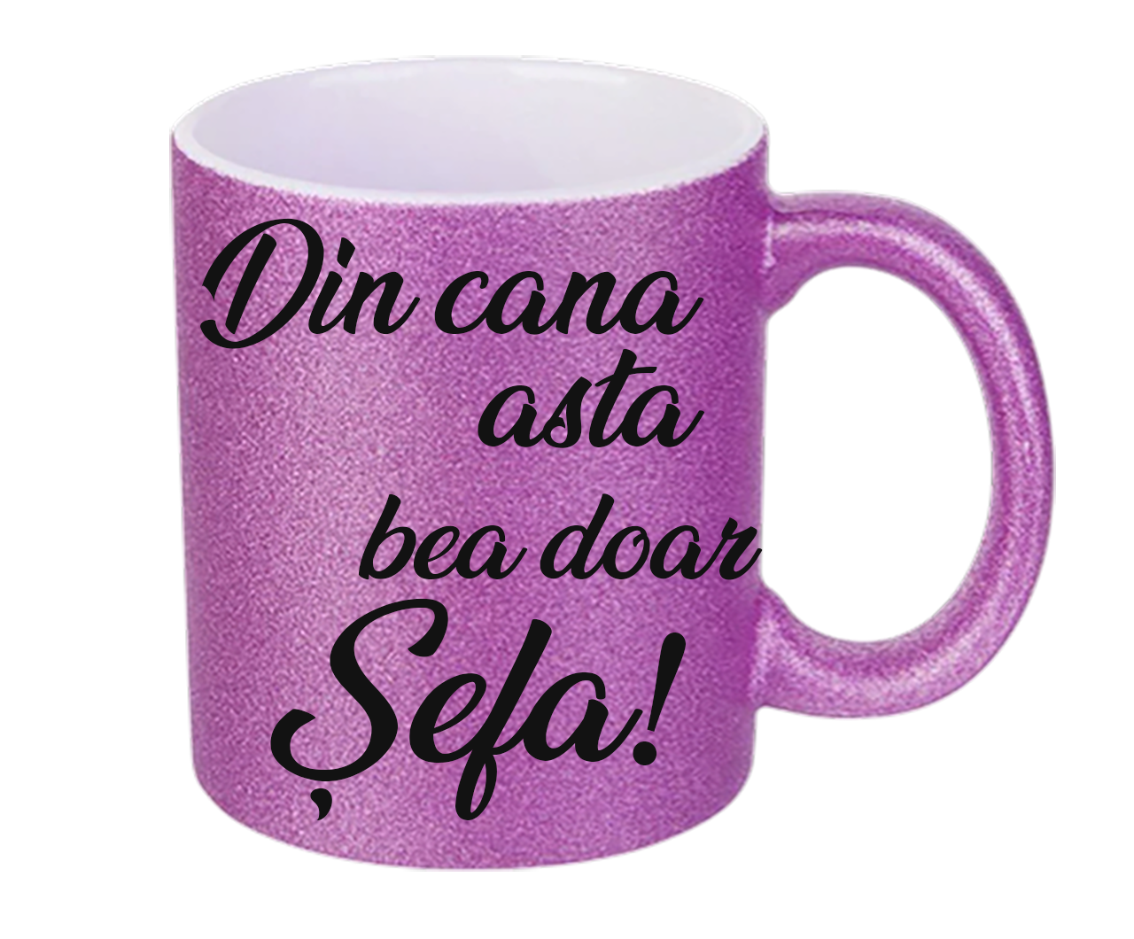 Cană cu Sclipici Aurie "Din cana asta bea doar Șefa!" – Disponibilă în 3 Culori (Auriu, Argintiu, Mov)