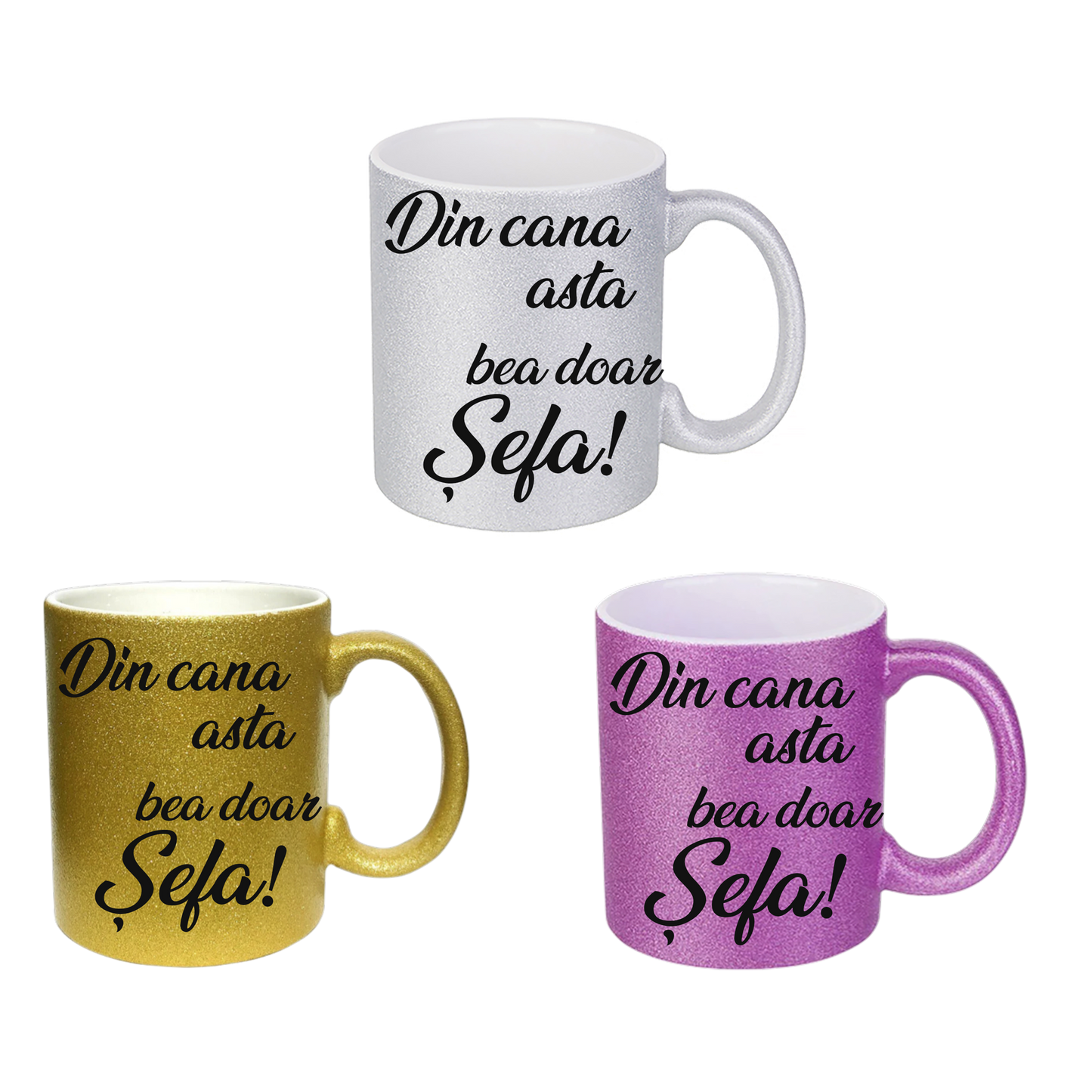 Cană cu Sclipici Argintie "Din cana asta bea doar Șefa!" – Disponibilă în 3 Culori (Auriu, Argintiu, Mov)