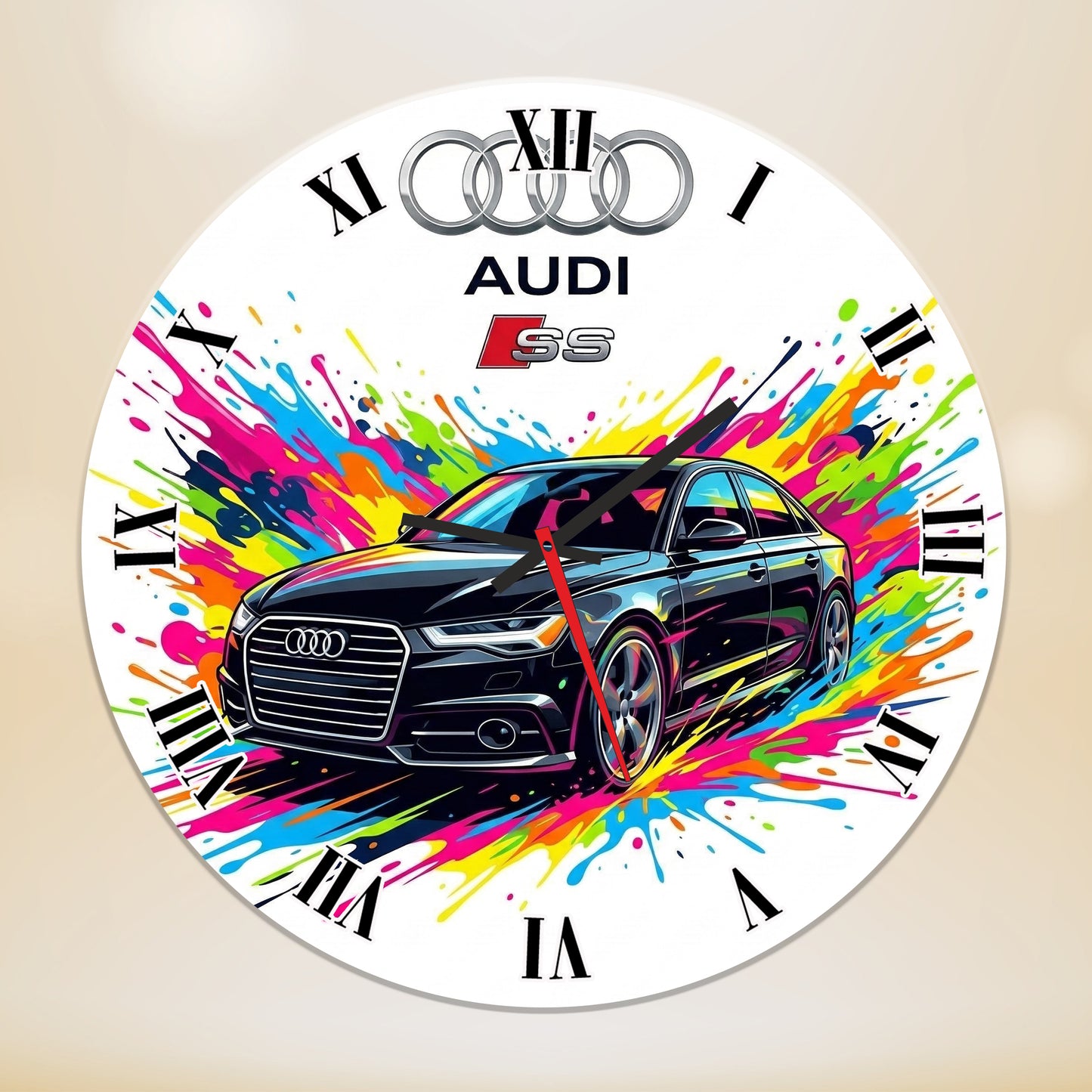 Ceas de perete decorativ Audi S5, grafica abstracta Splash Color, MDF 35 cm