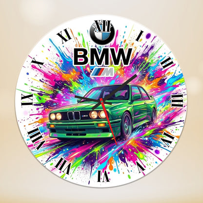 Ceas de perete decorativ BMW E30 M3, grafica abstracta Splash Color, Cifre Romane, cadou ideal pentru pasionati auto
