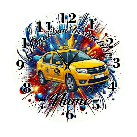 Ceas de Perete Personalizat "Cel Mai Bun Taximetrist", Model Dacia Logan, Cadou pentru Șoferi cu Nume - Tete Print