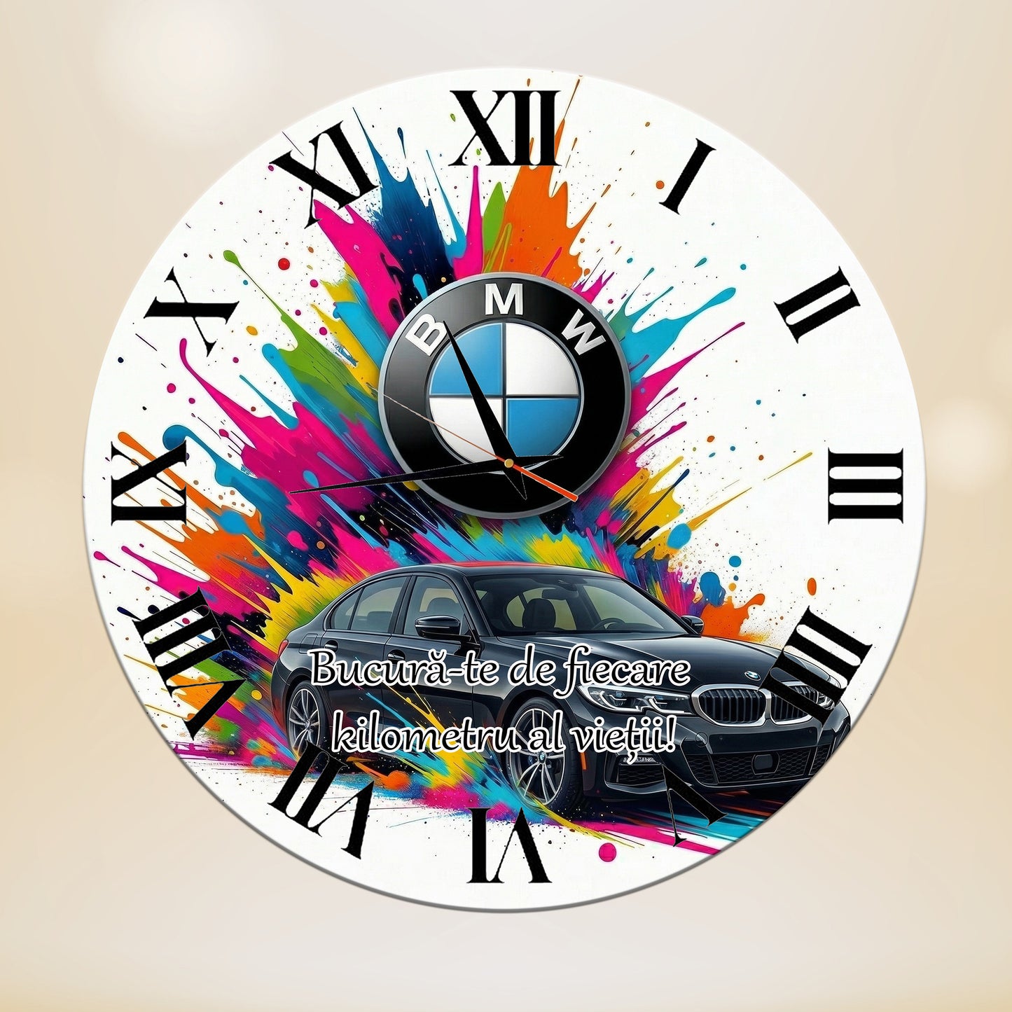 Ceas Personalizat de Perete Decorativ BMW „Bucură-te de fiecare kilometru”, Diametru 35 cm, Mecanism Silențios, Grosime 6 mm, Cutie Cadou Inclusă