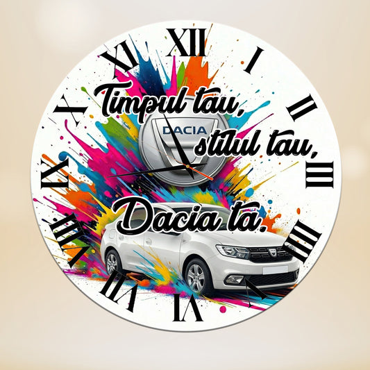 Ceas Personalizat  de Perete Decorativ Dacia Logan alba , Design Multicolor "Splash", Diametru 35 cm, Mecanism Silențios, Grosime 6 mm, Cutie Cadou Inclusă