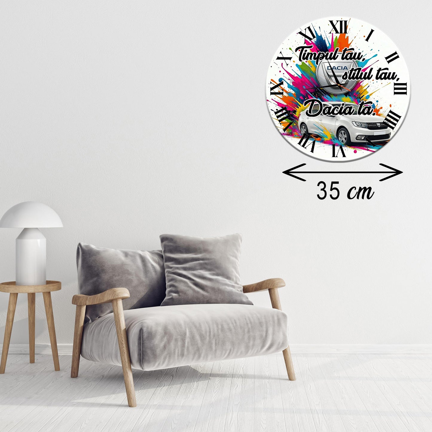 Ceas Personalizat  de Perete Decorativ Dacia Logan alba , Design Multicolor "Splash", Diametru 35 cm, Mecanism Silențios, Grosime 6 mm, Cutie Cadou Inclusă