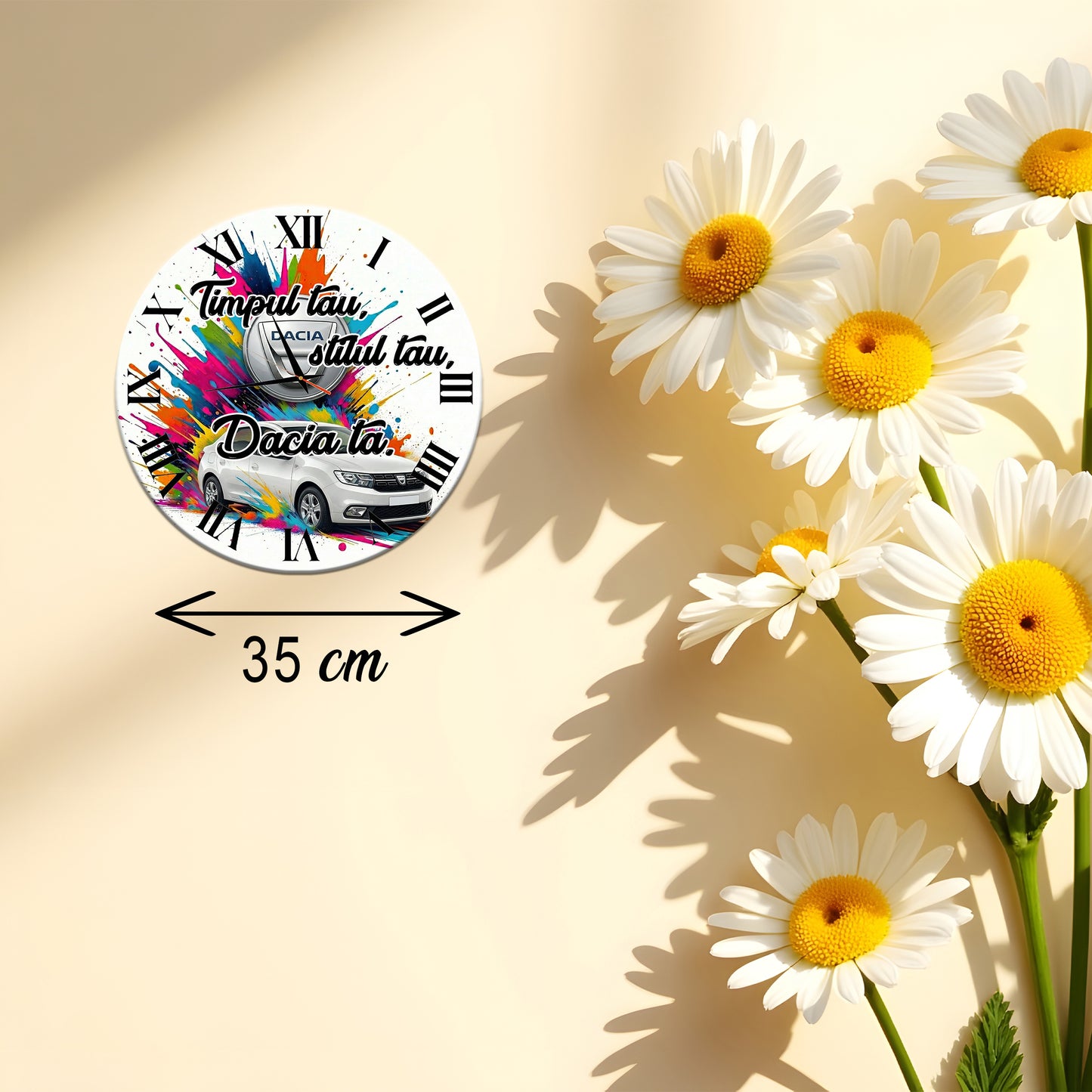 Ceas Personalizat  de Perete Decorativ Dacia Logan alba , Design Multicolor "Splash", Diametru 35 cm, Mecanism Silențios, Grosime 6 mm, Cutie Cadou Inclusă