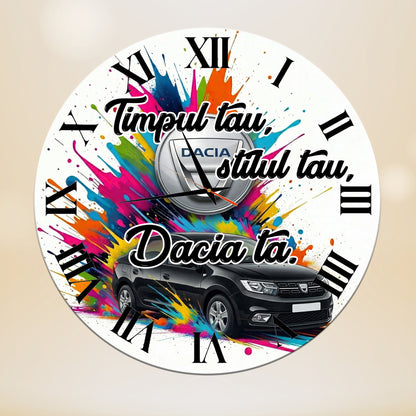 Ceas Personalizat  de Perete Decorativ Dacia Logan, Design Multicolor "Splash", Diametru 35 cm, Mecanism Silențios, Grosime 6 mm, Cutie Cadou Inclusă