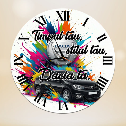 Ceas Personalizat  de Perete Decorativ Dacia Logan, Design Multicolor "Splash", Diametru 35 cm, Mecanism Silențios, Grosime 6 mm, Cutie Cadou Inclusă