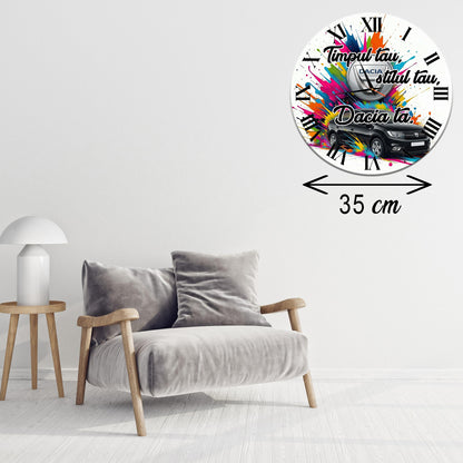 Ceas Personalizat  de Perete Decorativ Dacia Logan, Design Multicolor "Splash", Diametru 35 cm, Mecanism Silențios, Grosime 6 mm, Cutie Cadou Inclusă