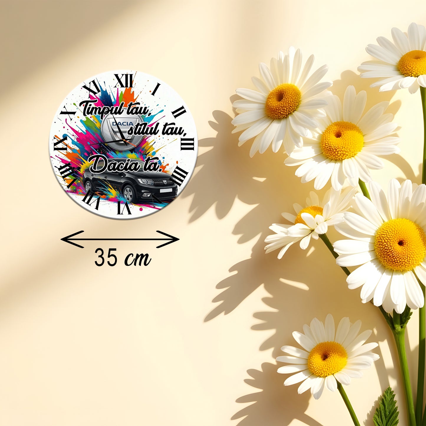 Ceas Personalizat  de Perete Decorativ Dacia Logan, Design Multicolor "Splash", Diametru 35 cm, Mecanism Silențios, Grosime 6 mm, Cutie Cadou Inclusă