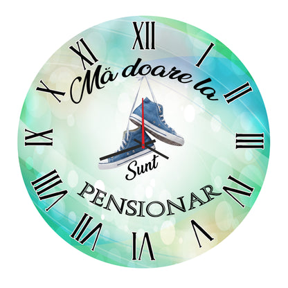 Ceas de Perete Personalizat din MDF – „Mă Doare la Bascheți, Sunt Pensionar”, 35 cm, Mecanism Silențios