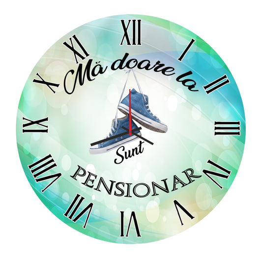 Ceas de Perete Personalizat din MDF – „Mă Doare la Bascheți, Sunt Pensionar”, 35 cm, Mecanism Silențios