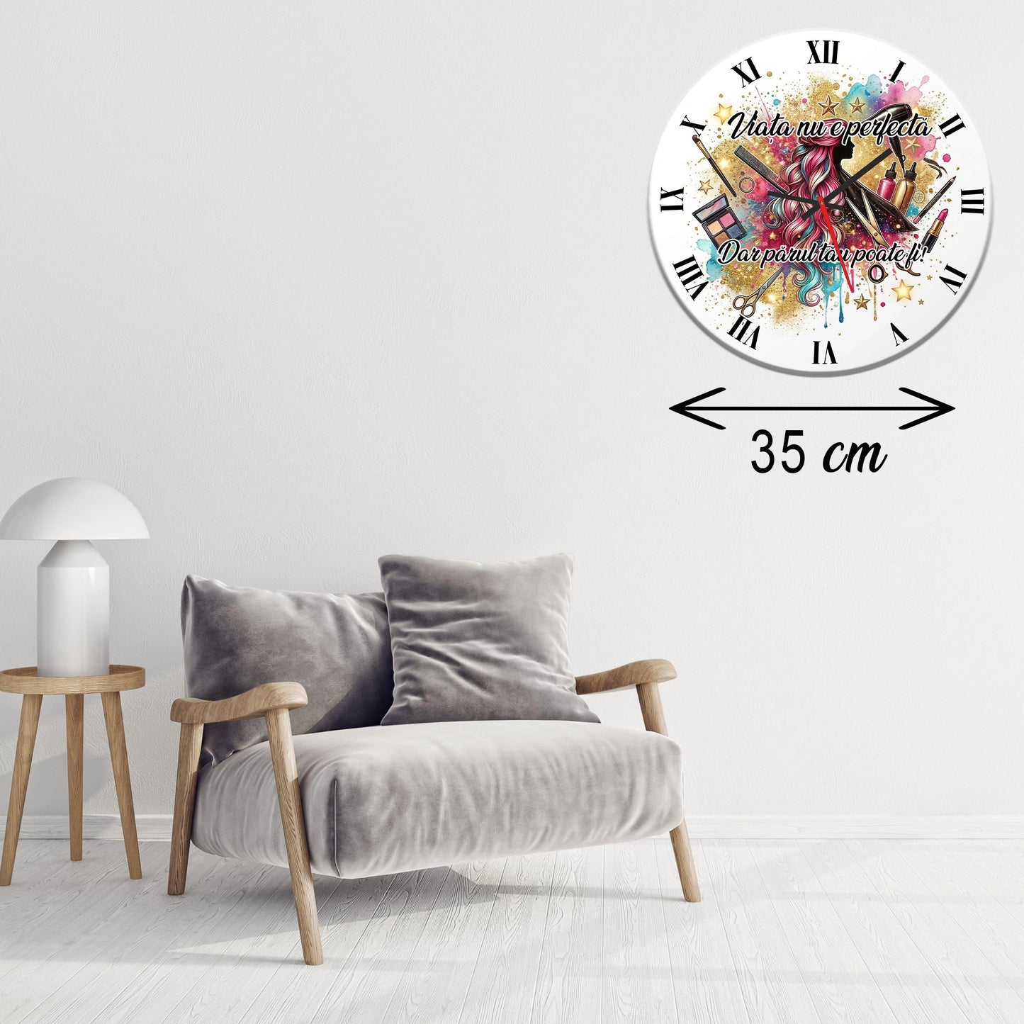 Ceas de perete Decorativ pentru Salon de Coafura si Infrumusetare, Tematic "Beauty & Hair", Multicolor