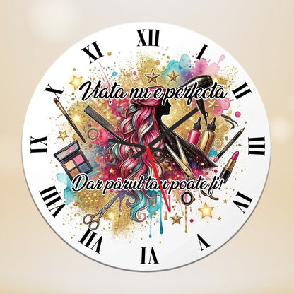 Ceas de perete Decorativ pentru Salon de Coafura si Infrumusetare, Tematic "Beauty & Hair", Multicolor