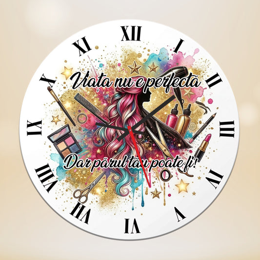 Ceas de perete Decorativ pentru Salon de Coafura si Infrumusetare, Tematic "Beauty & Hair", Multicolor