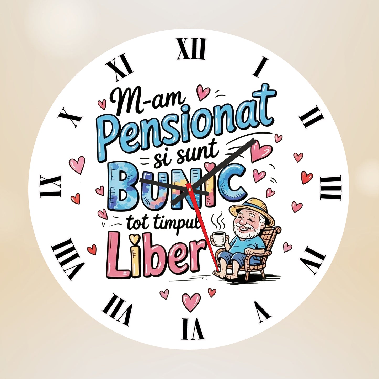 Ceas de perete personalizat "M-am Pensionat și sunt Bunic tot timpul Liber", Material MDF