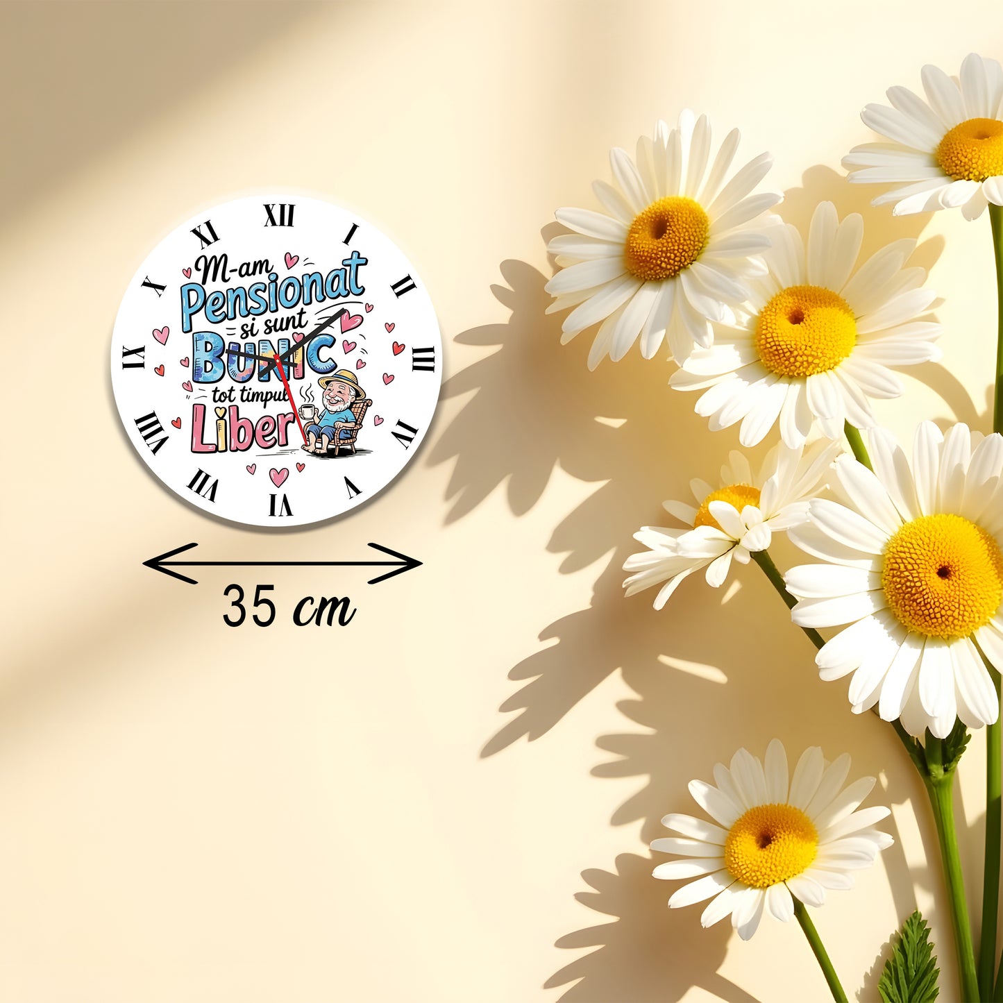 Ceas de perete personalizat "M-am Pensionat și sunt Bunic tot timpul Liber", Material MDF