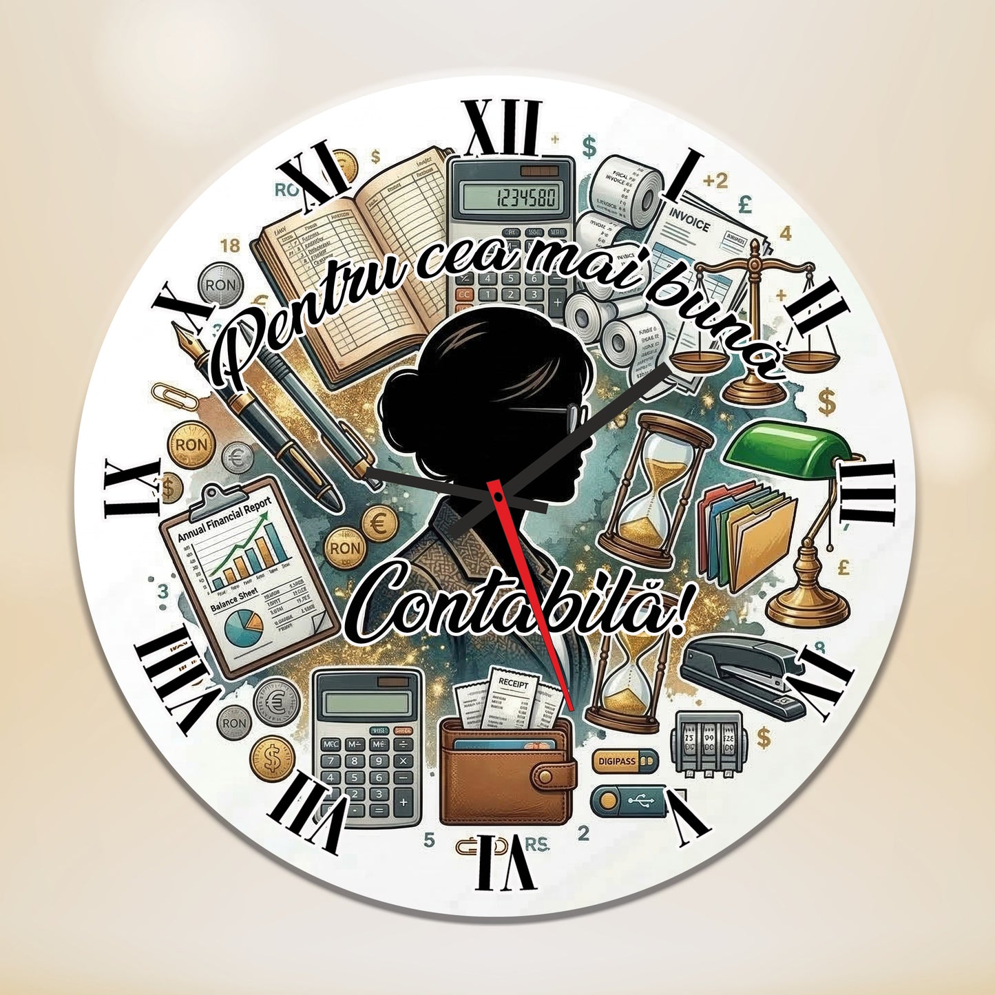 Ceas de Perete Decorativ „Pentru Cea Mai Bună Contabilă”, Diametru 35 cm, Material MDF, Design Tematic Office & Contabilitate, Multicolor