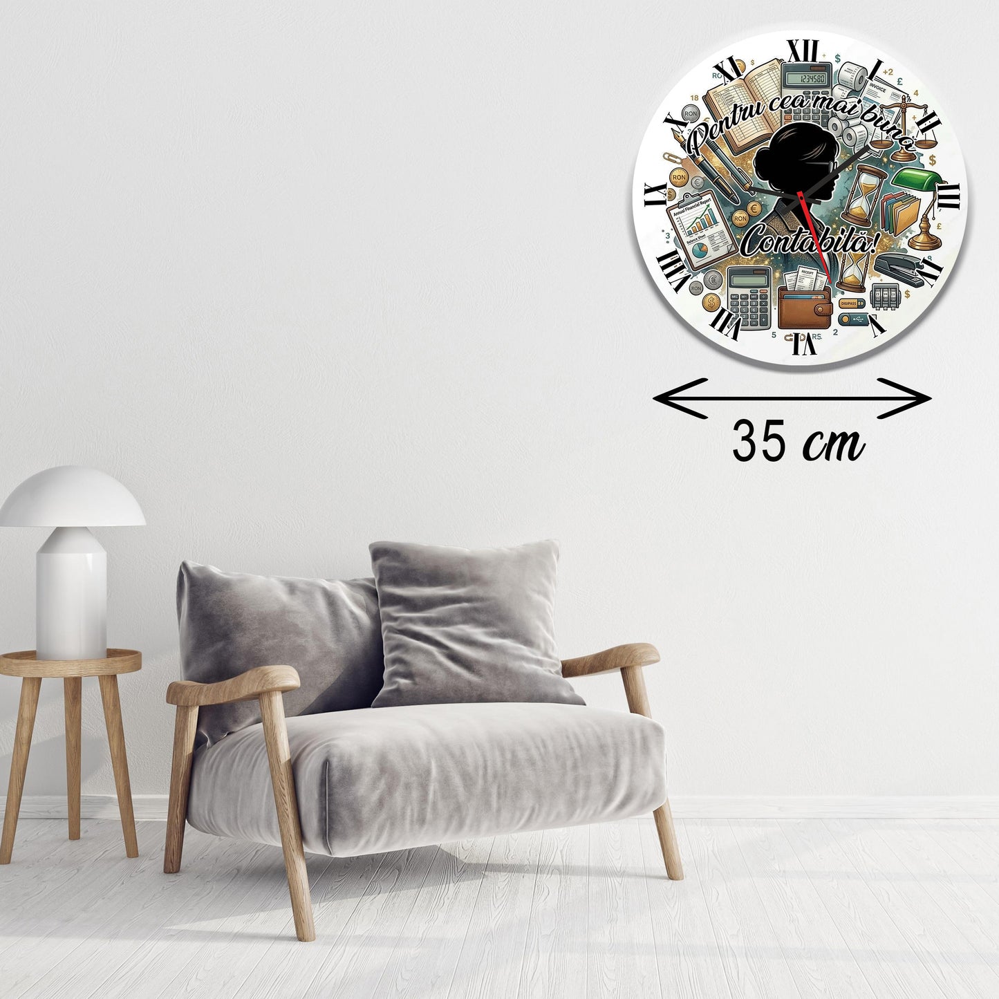 Ceas de Perete Decorativ „Pentru Cea Mai Bună Contabilă”, Diametru 35 cm, Material MDF, Design Tematic Office & Contabilitate, Multicolor