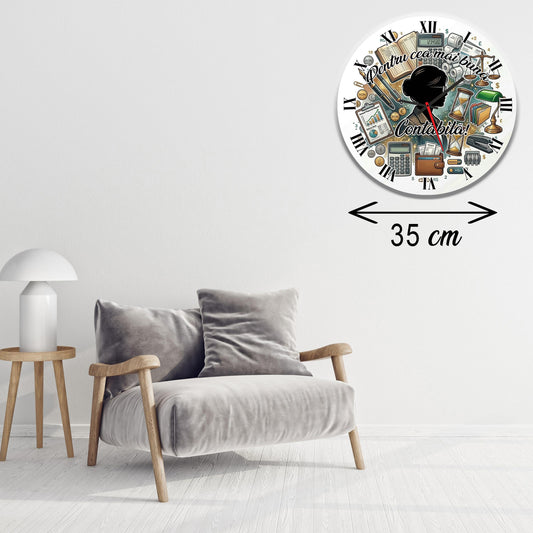 Ceas de Perete Decorativ „Pentru Cea Mai Bună Contabilă”, Diametru 35 cm, Material MDF, Design Tematic Office & Contabilitate, Multicolor