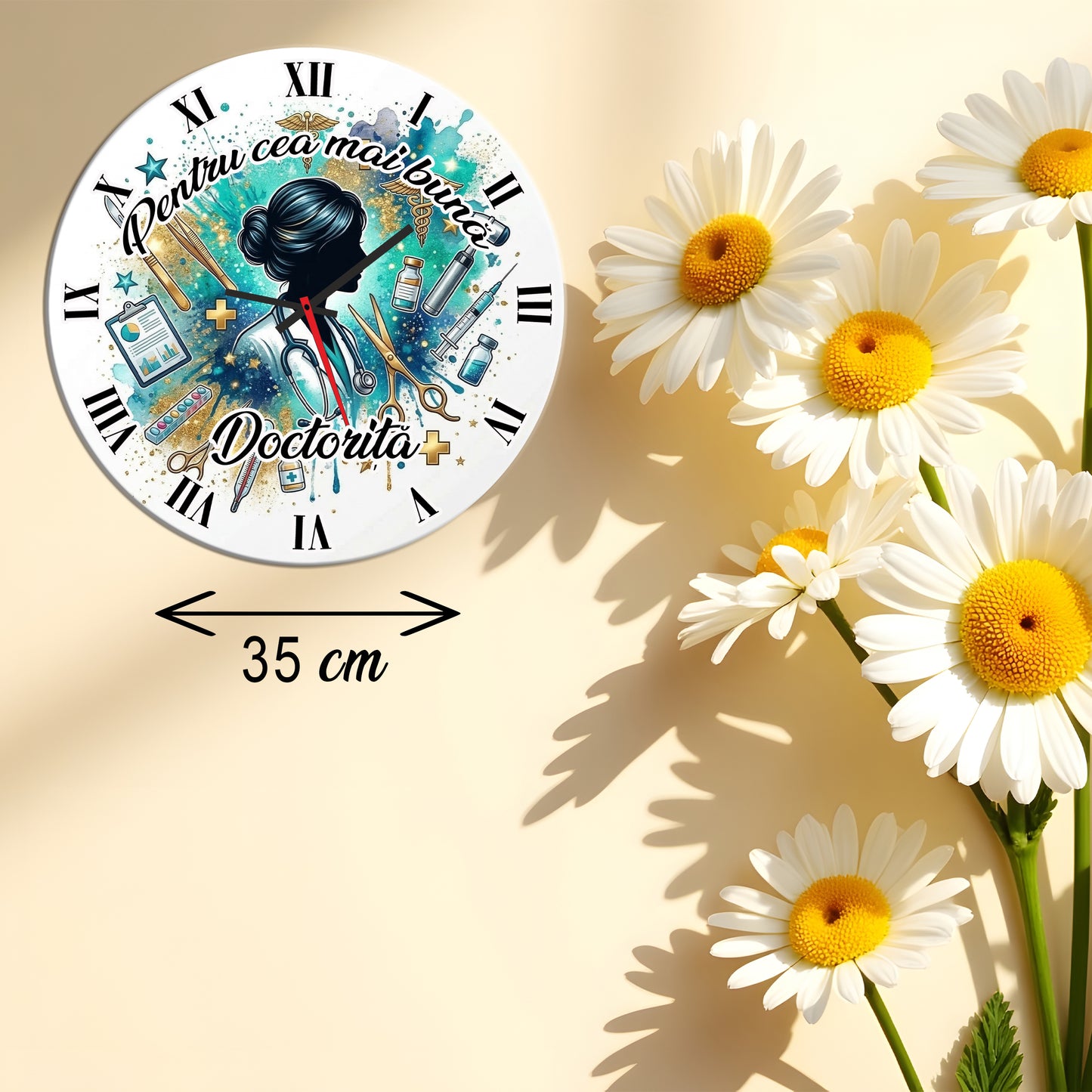 Ceas de Perete Decorativ "Pentru Cea Mai Bună Doctoriță", Diametru 35 cm, Material MDF, Design Premium cu Accente Aurii și Elemente Medicale
