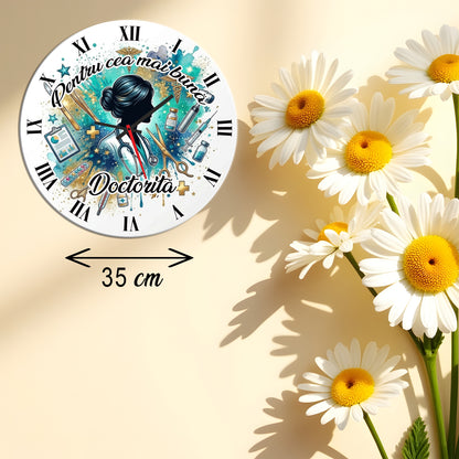 Ceas de Perete Decorativ "Pentru Cea Mai Bună Doctoriță", Diametru 35 cm, Material MDF, Design Premium cu Accente Aurii și Elemente Medicale