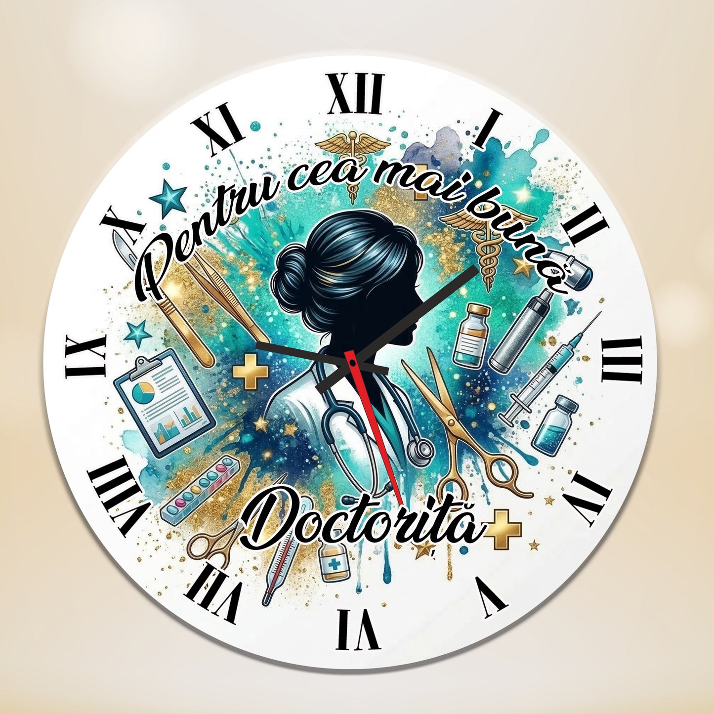 Ceas de Perete Decorativ "Pentru Cea Mai Bună Doctoriță", Diametru 35 cm, Material MDF, Design Premium cu Accente Aurii și Elemente Medicale