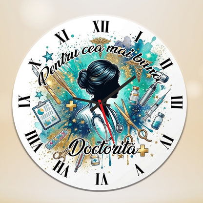 Ceas de Perete Decorativ "Pentru Cea Mai Bună Doctoriță", Diametru 35 cm, Material MDF, Design Premium cu Accente Aurii și Elemente Medicale