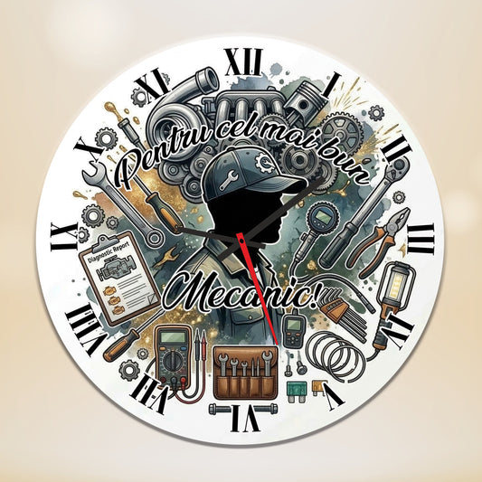 Ceas de perete decorativ "Pentru cel mai bun Mecanic", print tematic auto, Material MDF, 35 cm, Multicolor